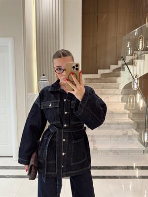 Belden Kuşaklı Lacivert Denim Ceket-Pantolon Takım