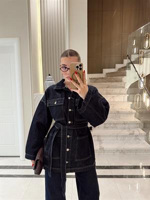 Belden Kuşaklı Lacivert Denim Ceket-Pantolon Takım