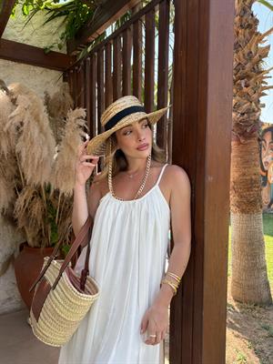 Beyaz Askılı Büzgülü Natural Elbise- 3173