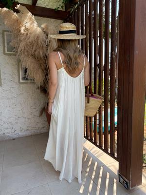 Beyaz Askılı Büzgülü Natural Elbise- 3173