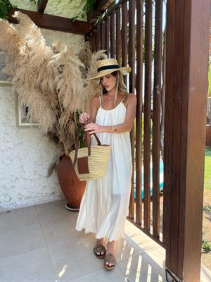 Beyaz Askılı Büzgülü Natural Elbise- 3173