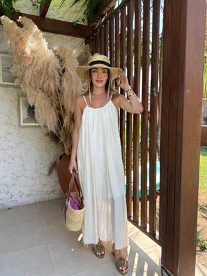 Beyaz Askılı Büzgülü Natural Elbise- 3173