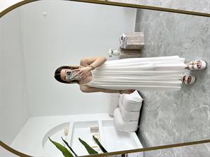 Beyaz Askılı Büzgülü Natural Elbise