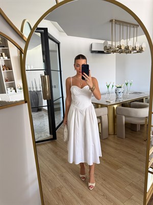 Beyaz Askılı Gögüs Gloplu Maxi Elbise- 12367