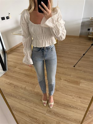 Beyaz Balon Kollu Bluz-1348