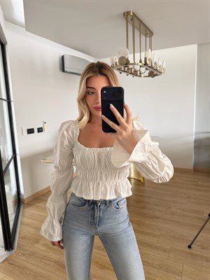 Beyaz Balon Kollu Bluz-1348