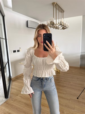 Beyaz Balon Kollu Bluz-1348