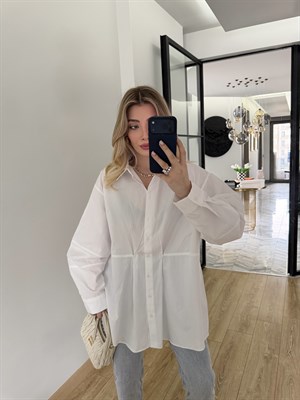 Beyaz Belden Pileli Poplin Gömlek-5006
