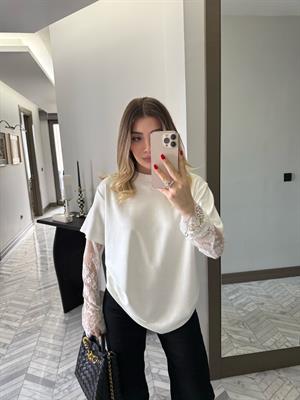 Beyaz Bisiklet Yaka Dantelli Bluz 1049