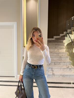 Beyaz Bisiklet Yaka Transparan Bluz-1091