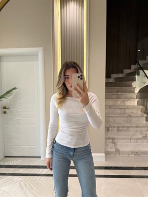 Beyaz  Büzgülü Kayık Yaka Top-31401