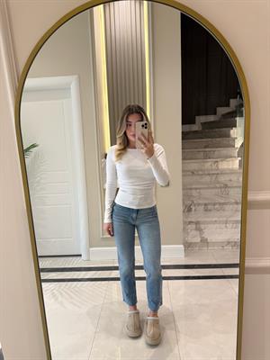 Beyaz  Büzgülü Kayık Yaka Top-31401