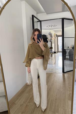 Beyaz Çan Paça Pantolon -72641