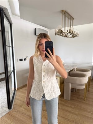 Beyaz Çiçek Desenli Yelek-37406