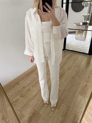 Beyaz Düşük Omuzlu Oversize Tensel Gömlek-4612