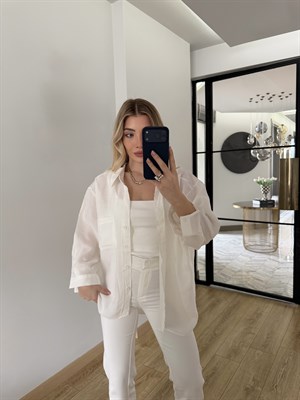 Beyaz Düşük Omuzlu Oversize Tensel Gömlek-4612