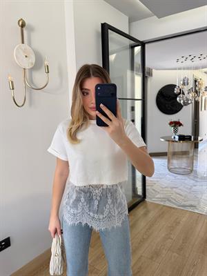 Beyaz Eteği Beyaz Dantel Tişört 1074