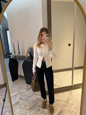 Beyaz Fermuar Detaylı Uzun Kollu Top-31993