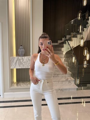 Beyaz Fitilli Halter Yaka Top -21052