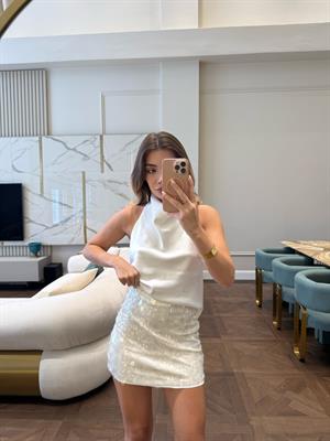 Beyaz Halter Yaka Bluz 