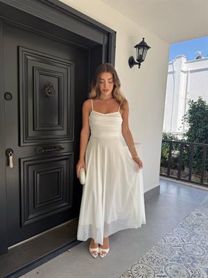 Beyaz  Daisy İp Askılı  Drapeli Maxi Boy Elbise