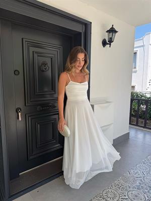 Beyaz  Daisy İp Askılı  Drapeli Maxi Boy Elbise