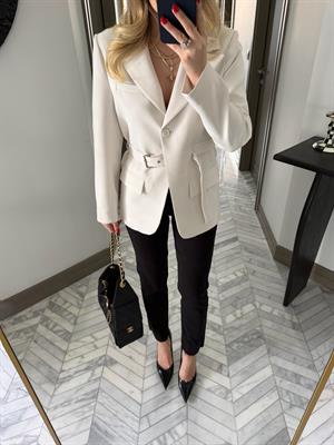 Beyaz Kemerli Blazer Ceket-9367