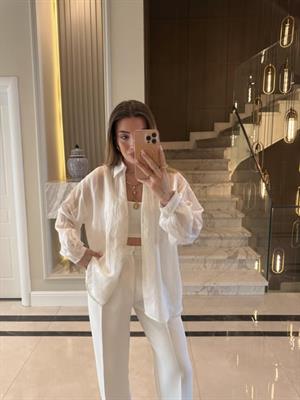 Beyaz Oversize Transparan Tensel Gömlek - 4914