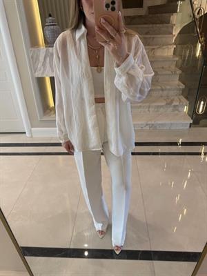 Beyaz Oversize Transparan Tensel Gömlek - 4914