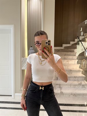 Beyaz Pamuk Ve Modal Karışımlı Crop Top-30528