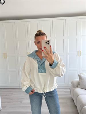 Beyaz Payetli Kot Garnili Sweat-2194