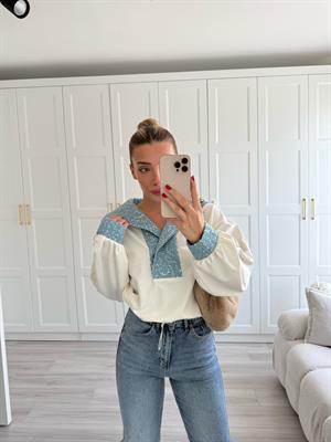 Beyaz Payetli Kot Garnili Sweat-2194