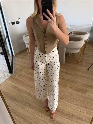 Beyaz Puantiyeli Desenli Cropped Straight Jean 