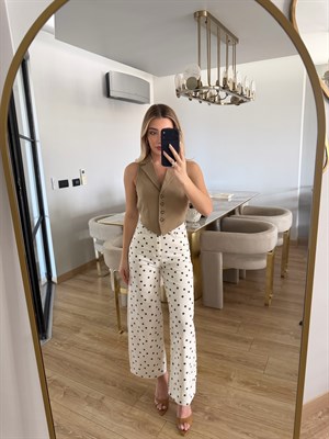 Beyaz Puantiyeli Desenli Cropped Straight Jean 
