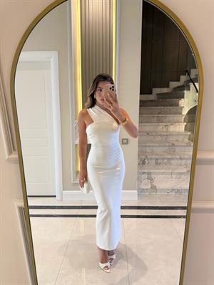 Beyaz Tek Omuz Midi Boy Elbise