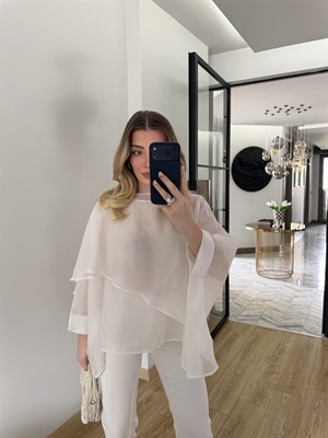 Beyaz Uçuşan Pelerin Bluz-5026