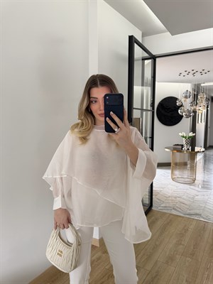 Beyaz Uçuşan Pelerin Bluz-5026