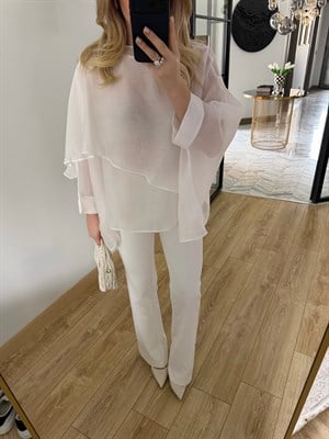 Beyaz Uçuşan Pelerin Bluz-5026