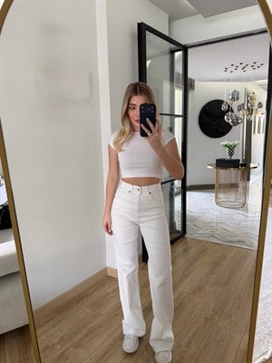 Beyaz Wide Leg Taşlı Pantolon