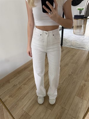 Beyaz Wide Leg Taşlı Pantolon