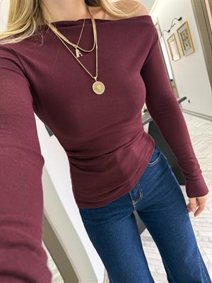 Bordo Asimetrik Uzun Kollu Top-32197