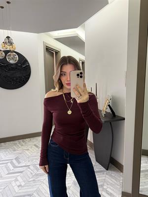 Bordo Asimetrik Uzun Kollu Top-32197