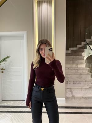 Bordo Balıkçı Yaka Uzun Kollu Top-32253