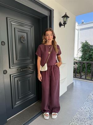 Bordo  Bluz Pantolon Dokulu Takım -51163
