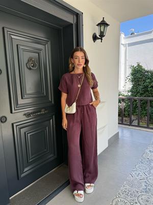 Bordo  Bluz Pantolon Dokulu Takım -51163