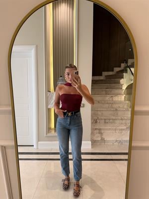 Bordo Boyundan Askılı Triko Bluz-1003