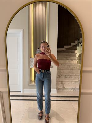 Bordo Boyundan Askılı Triko Bluz-1003