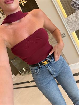 Bordo Boyundan Askılı Triko Bluz-1003