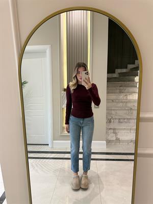 Bordo  Büzgülü Kayık Yaka Top-31401