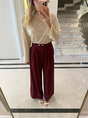 Bordo Çift Düğmeli Pileli Palazzo Pantolon